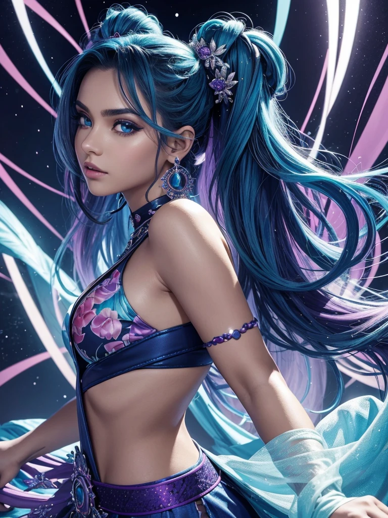 Musa, the Music Fairy of "Winx Club", Features a captivating appearance that reflects his vibrant personality and deep connection to music. His face has delicate and expressive features, with a slightly rounded shape that highlights your prominent cheekbones. Her large, almond-shaped eyes are a deep dark blue., transmitindo uma mistura de vivacidade e sensibilidade. His eyebrows are thin and well delineated, adding a touch of elegance to your appearance.

Your hair is one of your most distinctive features, sendo longo e de um azul escuro vibrante. Musa frequentemente estiliza seu cabelo em diferentes formas, como um rabo de cavalo alto, braids or buns, always maintaining its modern and dynamic look. Em algumas temporadas, ela experimenta cortes diferentes, mas o tom azul intenso permanece constante. Seu cabelo liso e brilhante reflete sua energia e dinamismo.

Musa&#39;s skin is clear and smooth, with a slightly pale tone that further highlights your facial features and expressive eyes. of medium height, she has a slim and athletic body, o que combina com sua postura confiante e graciosa. This posture reflects not only your self-confidence, but also his determination and passion for music.

Musa adota um estilo de vestir casual e moderno, muitas vezes inspirado por elementos musicais. Seu guarda-roupa inclui tops, pants and skirts in vibrant colors like blue, roxo e vermelho, frequentemente decorados com estampas de notas musicais ou instrumentos. Ela complementa seu visual com maquiagem leve, destacando seus olhos com sombras em tons de azul ou roxo e batons suaves. Muse also loves accessories that reflect her unique style., como tiaras, fitas, presilhas, fones de ouvido estilizados, grandes brincos e pulseiras. Your appearance is a perfect reflection of your artistic and passionate personality, combining elegance, energia e estilo moderno.