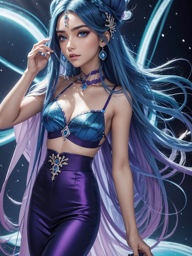 Musa, the Music Fairy of "Winx Club", Features a captivating appearance that reflects his vibrant personality and deep connection to music. His face has delicate and expressive features, with a slightly rounded shape that highlights your prominent cheekbones. Her large, almond-shaped eyes are a deep dark blue., transmitindo uma mistura de vivacidade e sensibilidade. His eyebrows are thin and well delineated, adding a touch of elegance to your appearance.
Your hair is one of your most distinctive features, sendo longo e de um azul escuro vibrante. Musa frequentemente estiliza seu cabelo em diferentes formas, como um rabo de cavalo alto, braids or buns, always maintaining its modern and dynamic look. Em algumas temporadas, ela experimenta cortes diferentes, mas o tom azul intenso permanece constante. Seu cabelo liso e brilhante reflete sua energia e dinamismo.
Musa's skin is clear and smooth, with a slightly pale tone that further highlights your facial features and expressive eyes. of medium height, she has a slim and athletic body, o que combina com sua postura confiante e graciosa. This posture reflects not only your self-confidence, but also his determination and passion for music.
Musa adota um estilo de vestir casual e moderno, muitas vezes inspirado por elementos musicais. Seu guarda-roupa inclui tops, pants and skirts in vibrant colors like blue, roxo e vermelho, frequentemente decorados com estampas de notas musicais ou instrumentos. Ela complementa seu visual com maquiagem leve, destacando seus olhos com sombras em tons de azul ou roxo e batons suaves. Muse also loves accessories that reflect her unique style., como tiaras, fitas, presilhas, fones de ouvido estilizados, grandes brincos e pulseiras. Your appearance is a perfect reflection of your artistic and passionate personality, combining elegance, energia e estilo moderno.