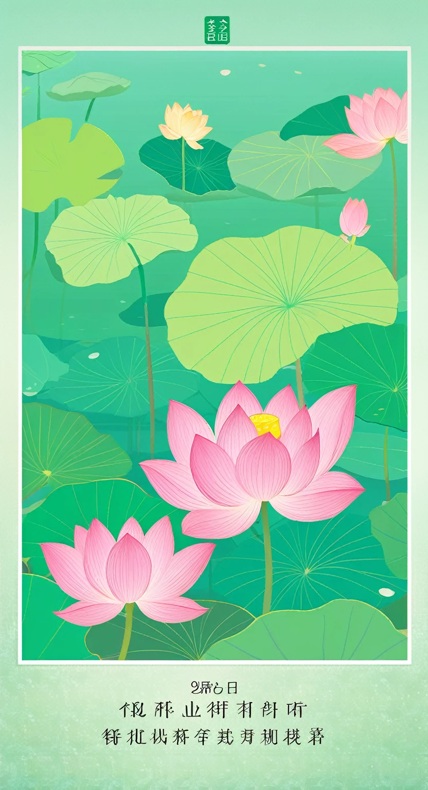 The poster is mainly pink,In the quiet wonderland,The breeze blows the green lotus leaves, The lotus is like a beautiful woman's smile,Glittering in the morning dew。The ancient pavilion is hidden among the hazy smoke and lush trees.,Like a beautiful woman wearing a light veil,Shy and waiting to bloom。The blue waves gently embrace the beautiful figure of Caiting,Bridge corridor,Like a poet humming, The drizzle falls on this quiet lake,Ripples,Like notes jumping on strings,Play a natural。Birds flying over the water,Leaving behind distant songs,All things grow in this peaceful and tranquil place,Only time flows slowly in silence,Freeze this moment of tranquility forever。 In this dream world,The fragrance of flowers,Heart changes with the scene,Every detail weaves a silent love song, Enjoy the lotus flowers and brew tea,Listen to the wind and talk about the past,Let the tranquility of paradise penetrate your heart,In this world outside the clock,Posthumous,With poetry。4k,Ultra HD