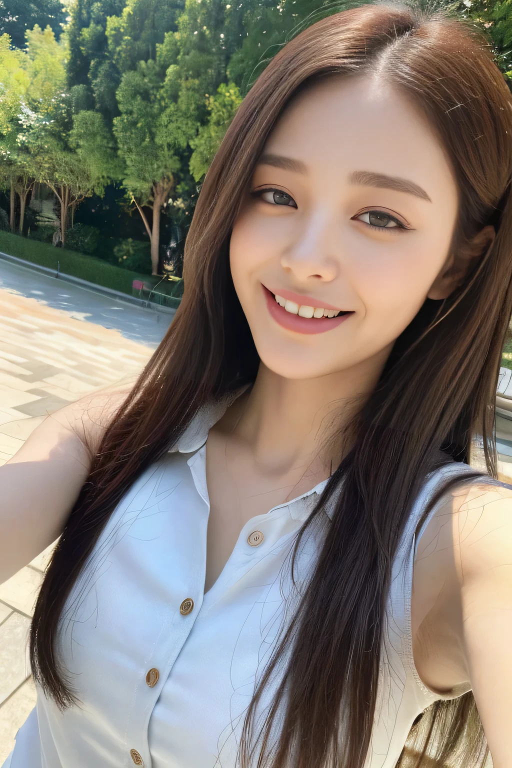 seed:2020674263.((Full body angle:1.1)).((Highest quality, 8K, masterpiece:1.3)), ((from below:1.1)).concentrated:1.2, Perfect body beauty:1.4, Hips:1.2, ((Delicate Hair)), (Colorful button-through crop shirt :1.1) , ((Highest quality、8k、masterpiece:1.3))、1 Girl、A sloppy smile、Esbian all over、Slim face、Big 、Beautiful woman、(Dark Brown Hair)、Long Hair、1.1、Flickering Valley、Detailed eyes、double eyelid、Blurred Background、超Slim face、Smile、Looking down、stroll、