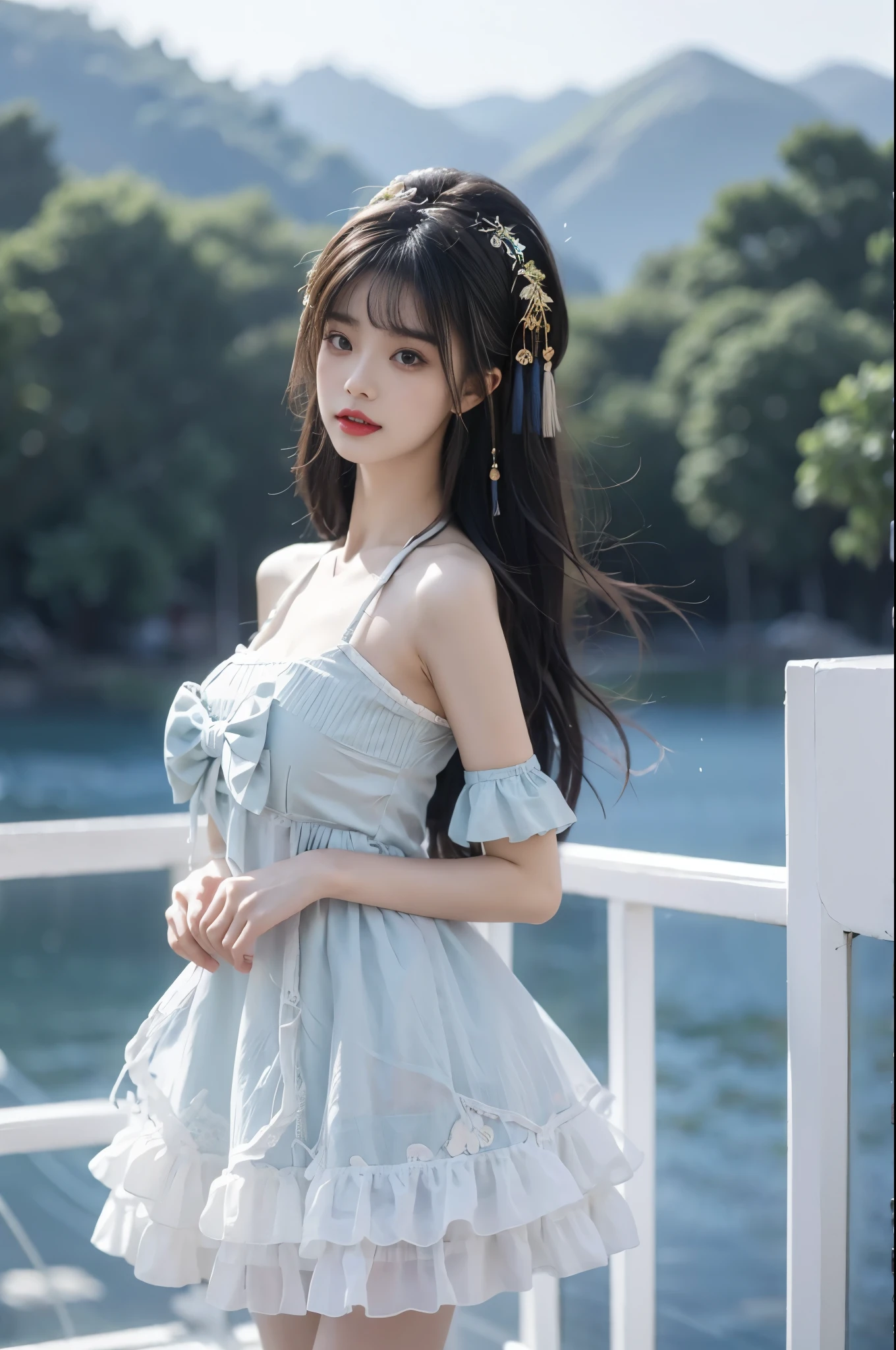cyb dress, chinese clothes, frills, halter dress, hair ornament, Beauty, 1girl,solo, beautiful女人,Have a perfect body:1.4,Layered Hairstyle,((Big breasts)), ((E cup)), Visible cleavage,Bare shoulders, Highly detailed face and skin texture,Double eyelids,Skin Whitening,Long hair,Whitening long legs,Standing by the sea, Fashion girl, Red lips, Sweet maiden, beautiful妆容, detail, lifelike, Very detailed, amazing, beautiful, Young and energetic, high quality,High Definition, rich and colorful,Exquisite, Smooth skin, The skirt is short, Lift the skirt with your hands, Elegant and charming posture, Official Art, Extremely detailed, Movie atmosphere, Soft colors, Natural skin texture,