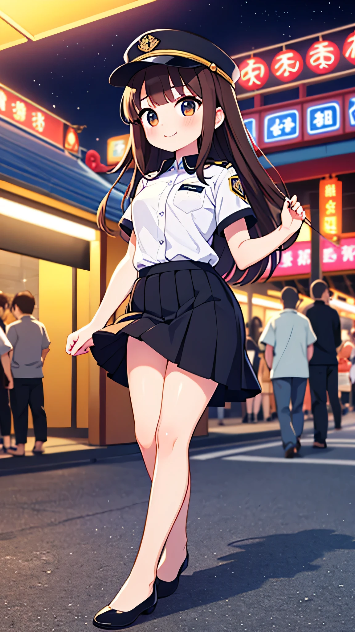 {Highest quality], [Super beautiful], [Ultra fine], [Best illustration], NSFW,Brown Hair, Hime cut, Long Hair, With bangs, girl, Uniform cap,Security uniform, smile, blush, Slender women,Short sleeve,Long straight skirt, Adult women,walk,(Public）Night Park, Summer festival,diagonal,Bare feet and pumps, Plain black pumps