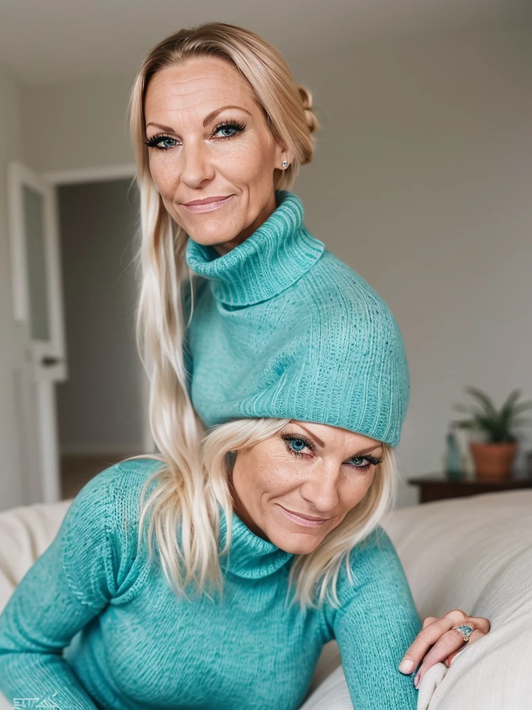 photo of a skinny very old wrinkly faced mature blonde prostitute with fake eyelashes and plump enhanced lips, messy long hair thrown into a messy bun ponytial. She wears: (turtleneck soft high ribbed turquoise sweater:1.1), submissive seductive pose, high tight ribbed neck, seductive smile, perfect fake tits