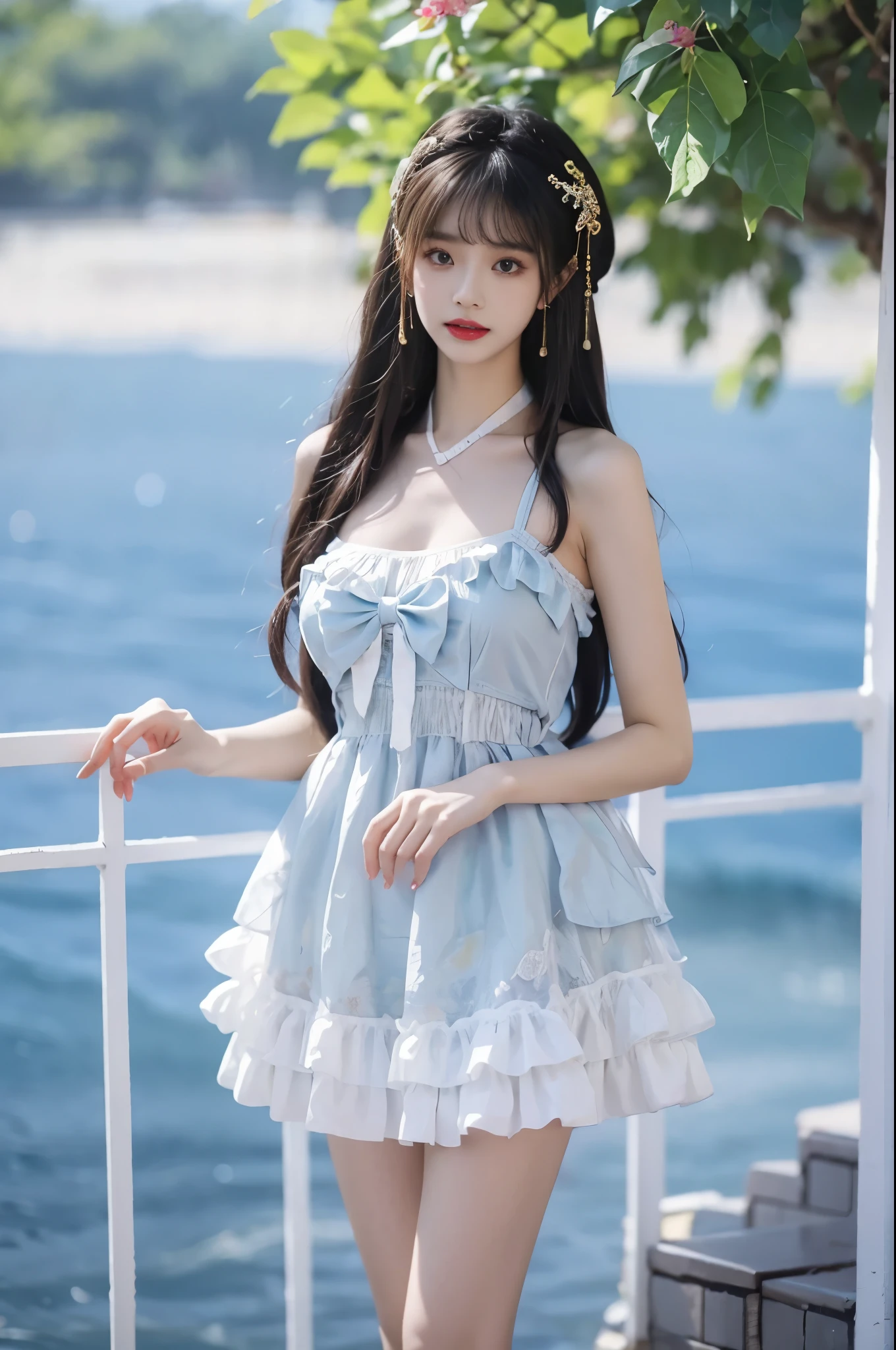 cyb dress, chinese clothes, frills, halter dress, hair ornament, Beauty, 1girl,solo, beautiful女人,Have a perfect body:1.4,Layered Hairstyle,((Big breasts)), ((E cup)), Visible cleavage,Bare shoulders, Highly detailed face and skin texture,Double eyelids,Skin Whitening,Long hair,Whitening long legs,Standing by the sea, Fashion girl, Red lips, Sweet maiden, beautiful妆容, detail, lifelike, Very detailed, amazing, beautiful, Young and energetic, high quality,High Definition, rich and colorful,Exquisite, Smooth skin, The skirt is short, Lift the skirt with your hands, Elegant and charming posture, Official Art, Extremely detailed, Movie atmosphere, Soft colors, Natural skin texture,