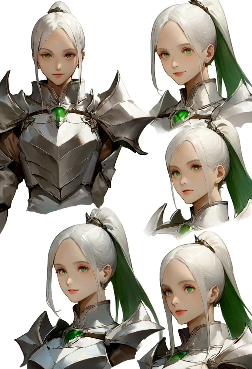 (8k,Highest quality,Anime Style),ancient european realistic style armor,silver-haired female knight,Green emerald eyes,High Ponytail,wearing silver-white armor,Delicate facial features,It resembles an anime character's design,boots,circle,Pure white background,Character Design,Secondary elements,Add a little introductory text,Three Views of Man