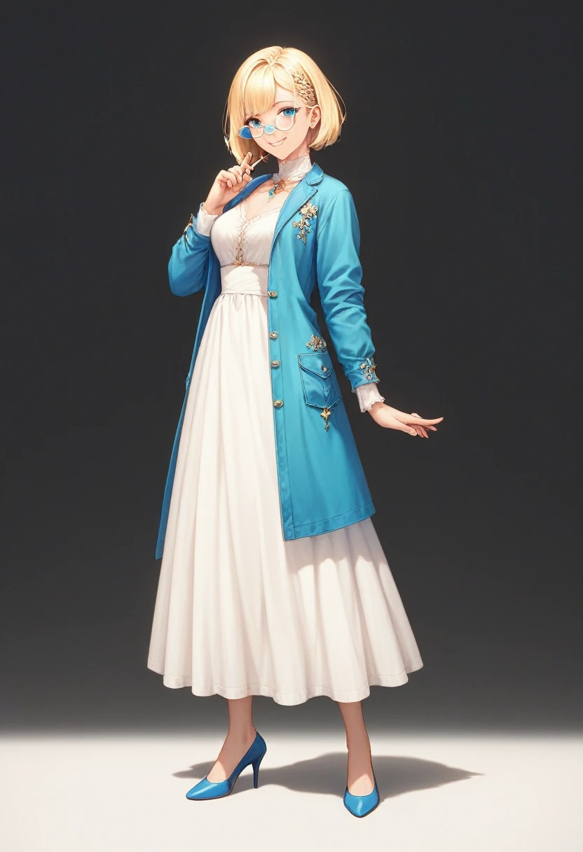 divine beautiful girl, beautiful face, solo, full body, standing, medium bob cut blonde hair, light blue eyes, two points glasses, medium breasts, blue opened short jacket, white blouse, white long pleats skirt, blue high heels, soft smile, pinch one's glasses, perfect hands and perfect fingers, black background, no background, pastel 2d art, matte painting
