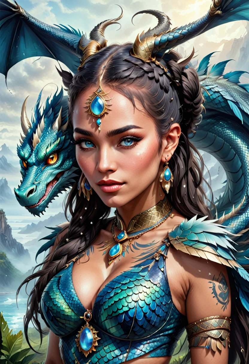 A captivating digital portrait featuring a harmonious embrace between a shaman- woman and a Powerful, huge, blue mother-of-pearl dragon, with lively eyes, embossed scales, glowing dots on the skin. The witch woman, Exotic witc from pigtails, feathers, jewelry, tattoo, mysterious gazes intently at the dragon's face. The dragon, with piercing grey eyes, leans in close, sharing a deep connection with the woman. The background is a misty landscape, drawing focus to the powerful bond between the two subjects. A hint of the artist's AI-generated expertise is found in. This extraordinary piece of art portrays a rare and intimate connection, transcending species and artistic mediums., photo, cinematic, poster, dark fantasy