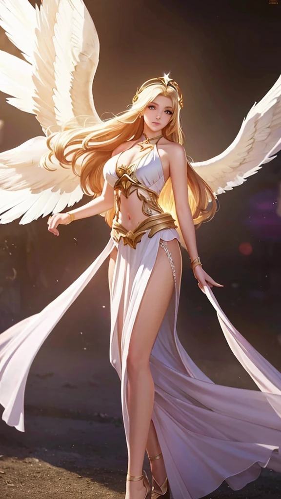 1girl, angel, angel wings, big breast and exposed breasts, bare shoulders, blonde hair, breasts, dress, feathered wings, halo, jewelry, long hair, big breasts, white wings, wings, a beautiful woman with angel wings, Epsylon Point, league of legends splash art, a detailed painting, fantasy art, (masterpiece, best quality:1.5), open belly, standing and relax your hands, full body