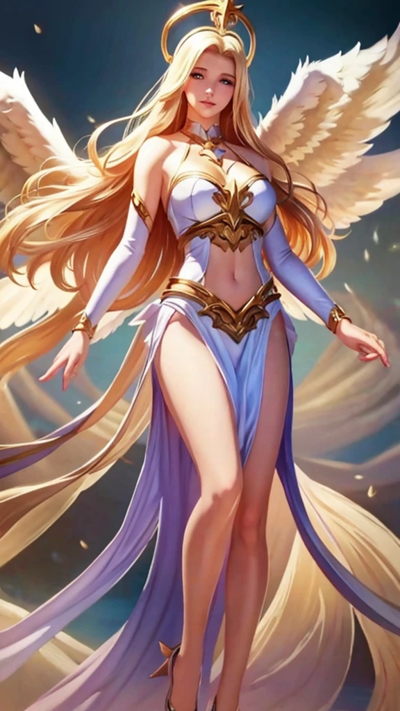 1girl, angel, angel wings, big breast and exposed breasts, bare shoulders, blonde hair, breasts, dress, feathered wings, halo, jewelry, long hair, big breasts, white wings, wings, a beautiful woman with angel wings, Epsylon Point, league of legends splash art, a detailed painting, fantasy art, (masterpiece, best quality:1.5), open belly, standing and relax your hands, full body