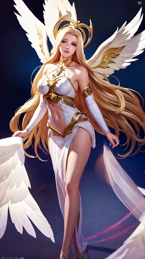 1girl, angel, angel wings, big breast and exposed breasts, bare shoulders, blonde hair, breasts, dress, feathered wings, halo, jewelry, long hair, big breasts, white wings, wings, a beautiful woman with angel wings, Epsylon Point, league of legends splash art, a detailed painting, fantasy art, (masterpiece, best quality:1.5), open belly, standing and relax your hands, full body