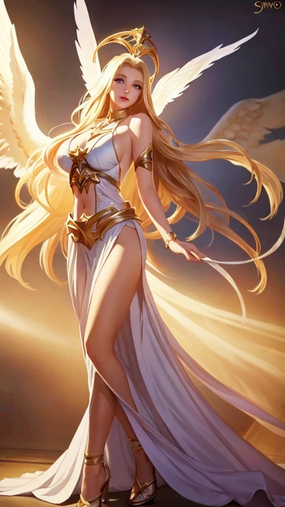 1girl, angel, angel wings, big breast and exposed breasts, bare shoulders, blonde hair, breasts, dress, feathered wings, halo, jewelry, long hair, big breasts, white wings, wings, a beautiful woman with angel wings, Epsylon Point, league of legends splash art, a detailed painting, fantasy art, (masterpiece, best quality:1.5), open belly, standing and relax your hands, full body