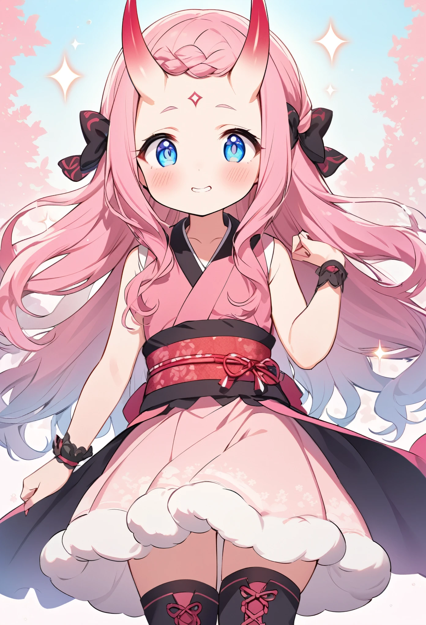 A close-up, frontal view of a cute and adorable pink oni girl, her youthful features framed by her distinctive, sharp horns. Her large, blue expressive eyes are drawn in a playful, slightly surprised shape, and they sparkle with mischief. Her smooth, rosy cheeks are accentuated by a pair of delicate pink blushes, emphasizing her innocence and girlish charm. Her long, flowing hair cascades down over her shoulders in a gentle wave, each strand painted a vibrant shade of hot pink. Her lips are painted a soft, coral shade, inviting you to take a closer look at her playful grin. She wears a traditional oni garb, consisting of a sleeveless top that accentuates her toned physique and a short, fluffy skirt that flutters around her knees as she moves. She has two, pink oni horns curving from her forehead. Around her neck, she wears a bright red obi sash, tied in a playful bow, and a pair of black, lace-up boots complete her look. The background is a soft, dreamy shade of pastel pink, adding to the overall kawaii atmosphere of the image.