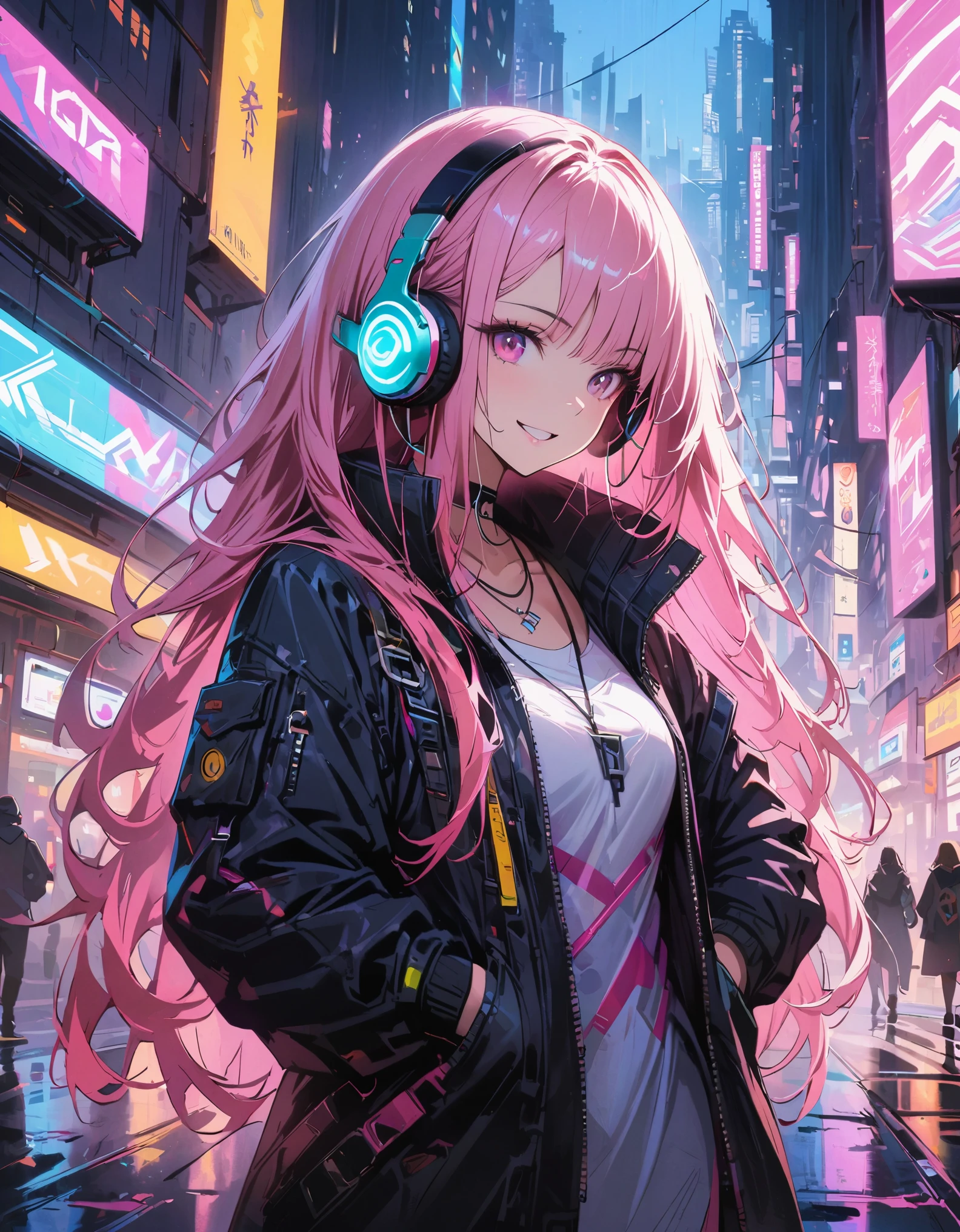 1girl,cyberpunk, Chinese girl, translucent，Wearing headphones，futuristic city, neon lights, high-tech, digital sky, large moon, flying cars, futuristic dress, glowing earphones, jewelry, necklace, long hair, transparent accessories, dynamic pose, smiling, facing camera, ultra-realistic, high-quality, 8K resolution, detailed, futuristic, modern fashion, traditional elements, glowing jewelry, cyberpunk fashion