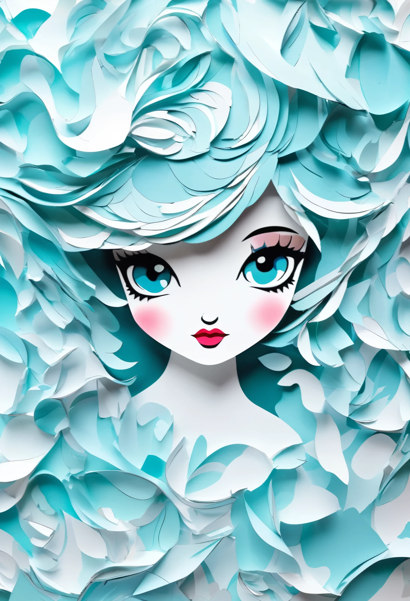 monochrome Tiffany Blue, Paper Cutouts, best quality, super fine, 16k, incredibly absurdres, extremely detailed, delicate and dynamic, fusion of watercolors and oil paintings, cute girl portrait, three-dimensional effect expressed by light and shade, eye-catching effects, contemporary art, background kaleidoscope of colors