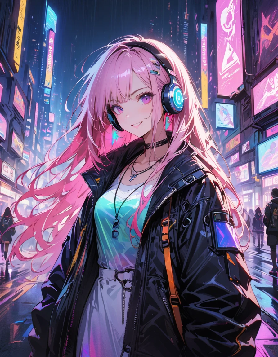 1girl,cyberpunk, Chinese girl, translucent，Wearing headphones，futuristic city, neon lights, high-tech, digital sky, large moon, flying cars, futuristic dress, glowing earphones, jewelry, necklace, long hair, transparent accessories, dynamic pose, smiling, facing camera, ultra-realistic, high-quality, 8K resolution, detailed, futuristic, modern fashion, traditional elements, glowing jewelry, cyberpunk fashion