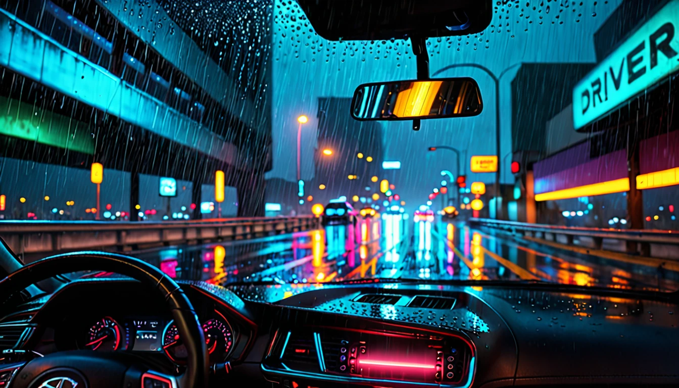 Rainy night on the highway, (View from the driver's seat:2.0), Car Tail Light, Rear view of the car, Cinematic, Moody lighting, Dramatic atmosphere, Neon Light, Dystopia, Neon City, cyber punk, Realistic, photoRealistic, 8k, Super detailed, masterpiece, Studio Lighting, Cinematic composition, Dramatic color palette, Cinematic depth of field, Volumetric Fog, Rainy windshield, Glowing headlights, exposed for a long time, Beautiful attention to detail, Beautiful lip detail, Highly detailed eyes and face, Long eyelashes