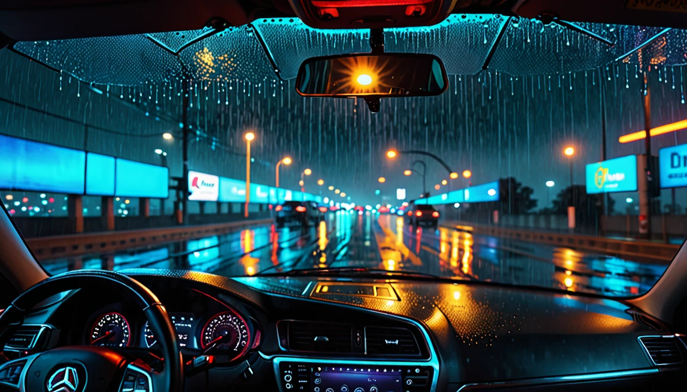 Rainy night on the highway, (View from the driver's seat:2.0), Car Tail Light, Rear view of the car, Cinematic, Moody lighting, Dramatic atmosphere, Neon Light, Dystopia, Neon City, cyber punk, Realistic, photoRealistic, 8k, Super detailed, masterpiece, Studio Lighting, Cinematic composition, Dramatic color palette, Cinematic depth of field, Volumetric Fog, Rainy windshield, Glowing headlights, exposed for a long time, Beautiful attention to detail, Beautiful lip detail, Highly detailed eyes and face, Long eyelashes