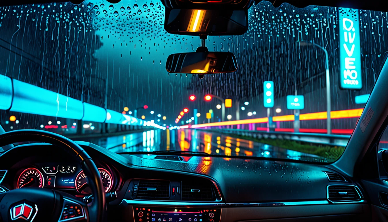 Rainy night on the highway, (View from the driver's seat:2.0), Car Tail Light, Rear view of the car, Cinematic, Moody lighting, Dramatic atmosphere, Neon Light, Dystopia, Neon City, cyber punk, Realistic, photoRealistic, 8k, Super detailed, masterpiece, Studio Lighting, Cinematic composition, Dramatic color palette, Cinematic depth of field, Volumetric Fog, Rainy windshield, Glowing headlights, exposed for a long time, Beautiful attention to detail, Beautiful lip detail, Highly detailed eyes and face, Long eyelashes