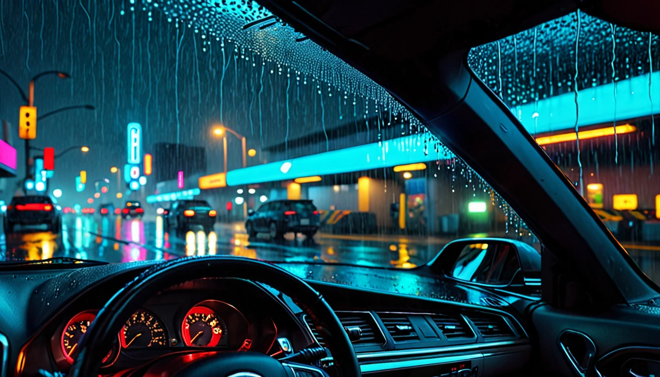 Rainy night on the highway, (View from the driver's seat:2.0), Car Tail Light, Rear view of the car, Cinematic, Moody lighting, Dramatic atmosphere, Neon Light, Dystopia, Neon City, cyber punk, Realistic, photoRealistic, 8k, Super detailed, masterpiece, Studio Lighting, Cinematic composition, Dramatic color palette, Cinematic depth of field, Volumetric Fog, Rainy windshield, Glowing headlights, exposed for a long time, Beautiful attention to detail, Beautiful lip detail, Highly detailed eyes and face, Long eyelashes