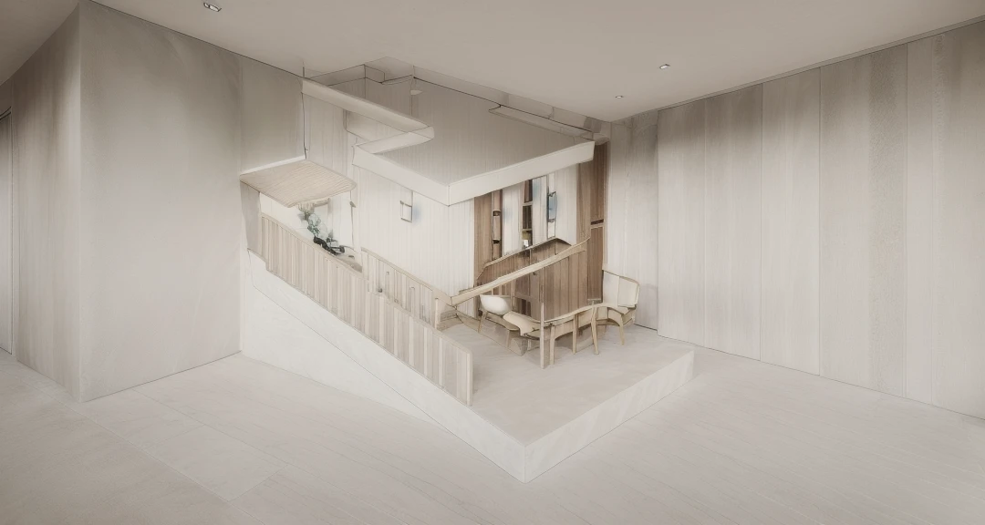 RAW photo of shophouse, two floors, Wabisabi style, a Mid-Century Modern Twist, closed facade, white crushed stone material, white concrete, wood, outside stairs, lots of green space, daylight, Dark, light volume::1.5, warm light, light point::1.5, target light art trend, studio photo, intricate details, luxurious and spacious, beautiful, realistic, 32k uhd, Noon.