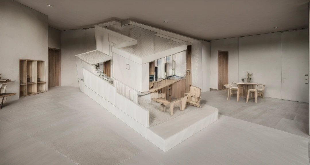 RAW photo of shophouse, two floors, Wabisabi style, a Mid-Century Modern Twist, closed facade, white crushed stone material, white concrete, wood, outside stairs, lots of green space, daylight, Dark, light volume::1.5, warm light, light point::1.5, target light art trend, studio photo, intricate details, luxurious and spacious, beautiful, realistic, 32k uhd, Noon.