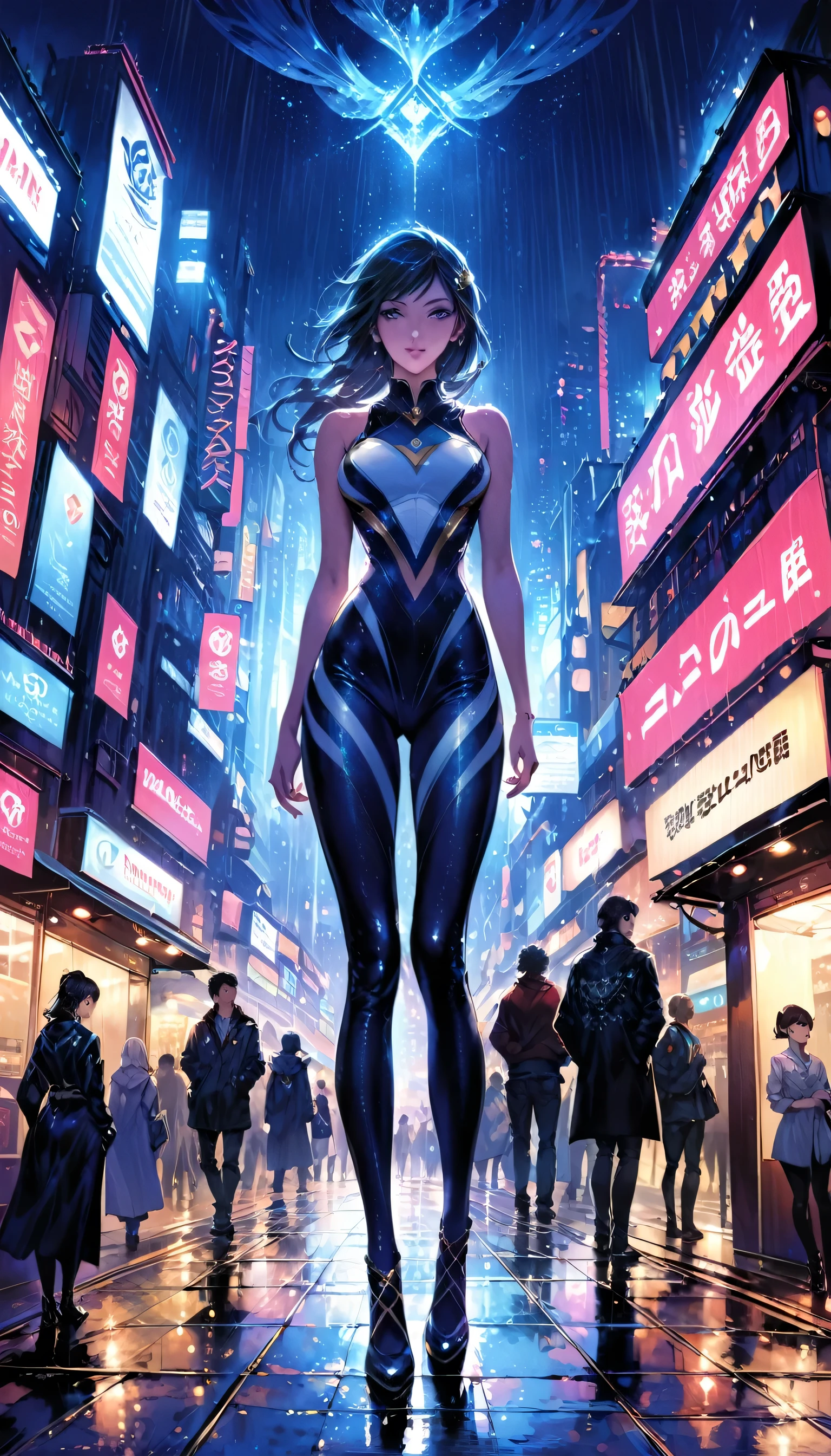 Rainy night,city,Beautiful woman with gal make-up wearing a sports suit on the busy street of Gintama, Surrounded by sellers, Beautiful portrait of a stunning goddess girl, Beautifully detailed face, Porcelain-like skin, Full Body Shot, Centered, Super soft lighting, Symmetric, complicated, elegant, Very detailed, Realistic, Art Station, Concept Art, Smooth, Imagined by Greg Rutkowski and Boris Vallejo, cover, Trendy style