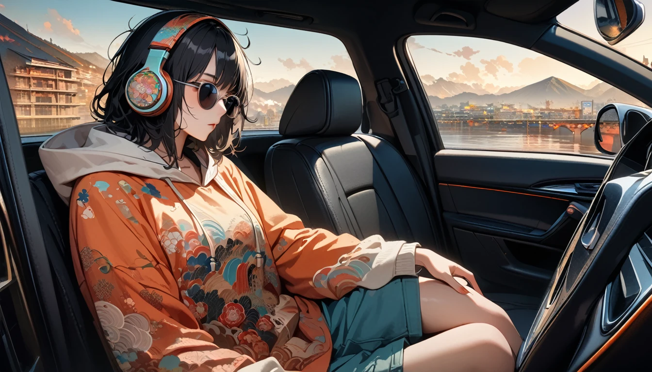 ((8k of extremely detailed CG unit, Masterpiece, high resolution, highest quality, highest quality real texture skin)), (wearing Japanese pattern headphones), ((1 girl)), (((Listening to music in the car))), (((sunglasses))), (Japanese pattern hoodie, Japanese-style shorts), (Black hair, messy hair, beige skin), (Surreal, digital painting), Midnight