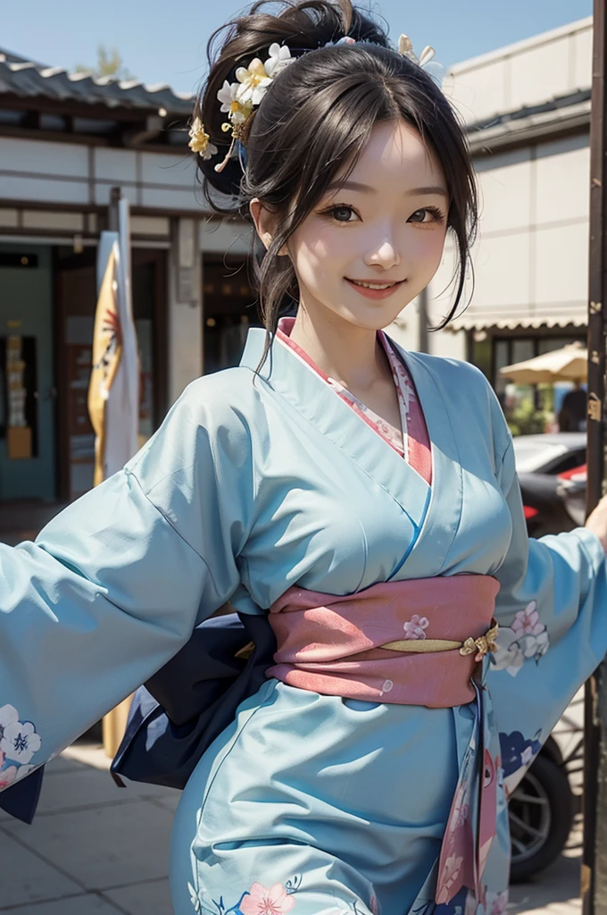 A beautiful smiling woman in a kimono greets people with a cheerful "Good morning" as she dances with her arms open under the blue sky