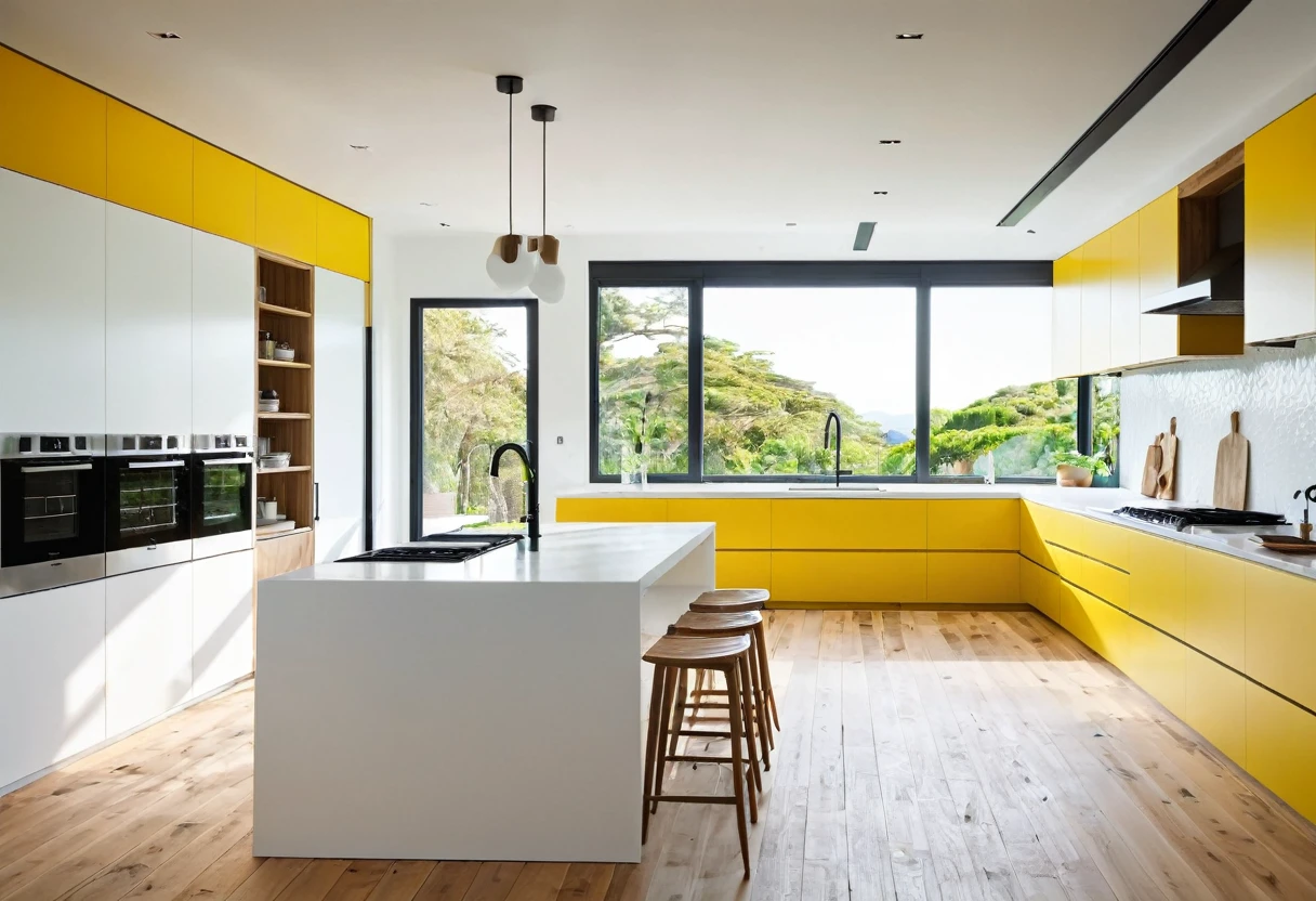 a modern kitchen, colorful cabinet doors, island table, stove, sink, natural light, wooden floors, white ceiling, glass windows,tfz_minimalist_style