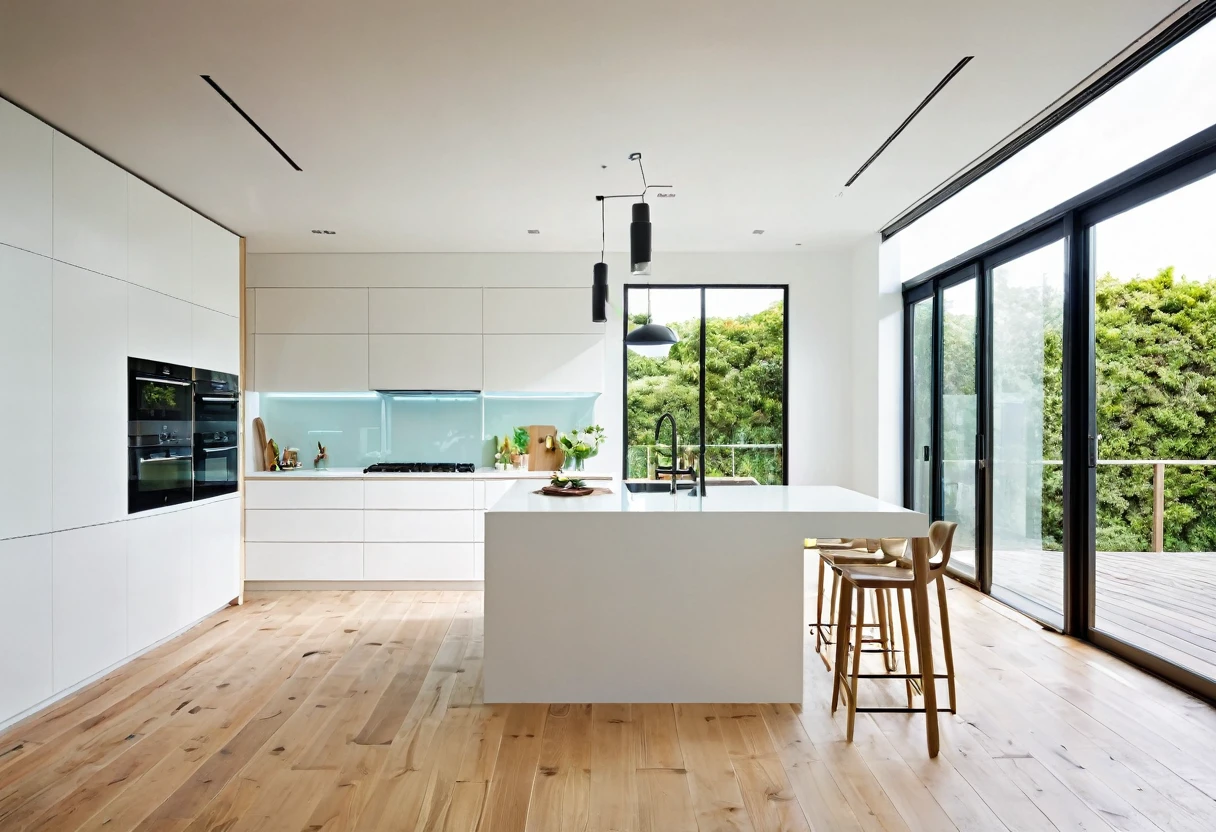 a modern kitchen, colorful cabinet doors, island table, stove, sink, natural light, wooden floors, white ceiling, glass windows,tfz_minimalist_style