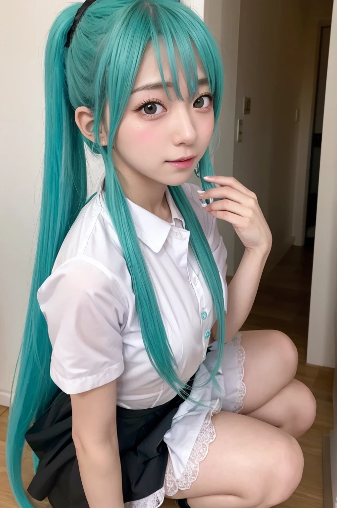 Hatsune Miku Maid clothes Blushing show off nipples under white shirt masturbation, dildosquatting