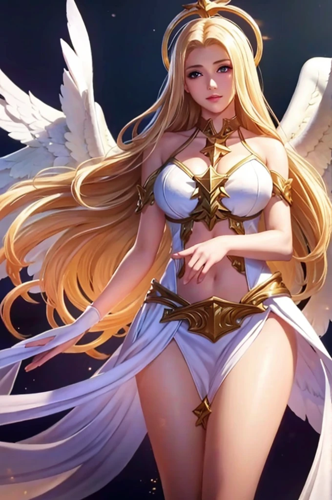 1girl, angel, angel wings, big breast and exposed breasts, bare shoulders, blonde hair, breasts, dress, feathered wings, halo, jewelry, long hair, big breasts, white wings, wings, a beautiful woman with angel wings, Epsylon Point, league of legends splash art, a detailed painting, fantasy art, (masterpiece, best quality:1.5), open belly, standing and 2 hands drop down