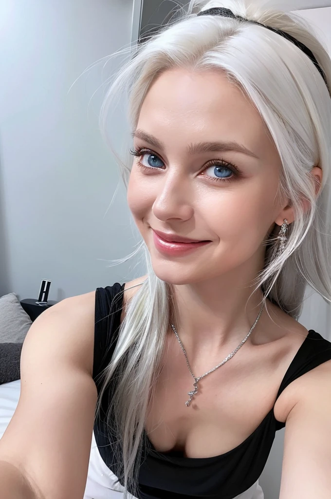 Portrait. Instagram selfie of a russian model girl in black flluffy tight dress. She is standing on her knees. Long white hair. shoulders opened. photo from above. photo from above. photo from above. photo from above. Extremly detailed bedroom on the background. platinum blonde. White hair. lips half opened. Silver necklace with hearts. Live photo in motion. Selfie. light smile on her lips. White hair falling on shoulders. White hair falling on shoulders. White hair falling on shoulders. White hair falling on shoulders. blue eyes. upper body visible. vogue opened pose. She should have a happy expression. soft lights. detailed hairstyle, long hair falling on shoulders, symmetrical. photo from instagram.
