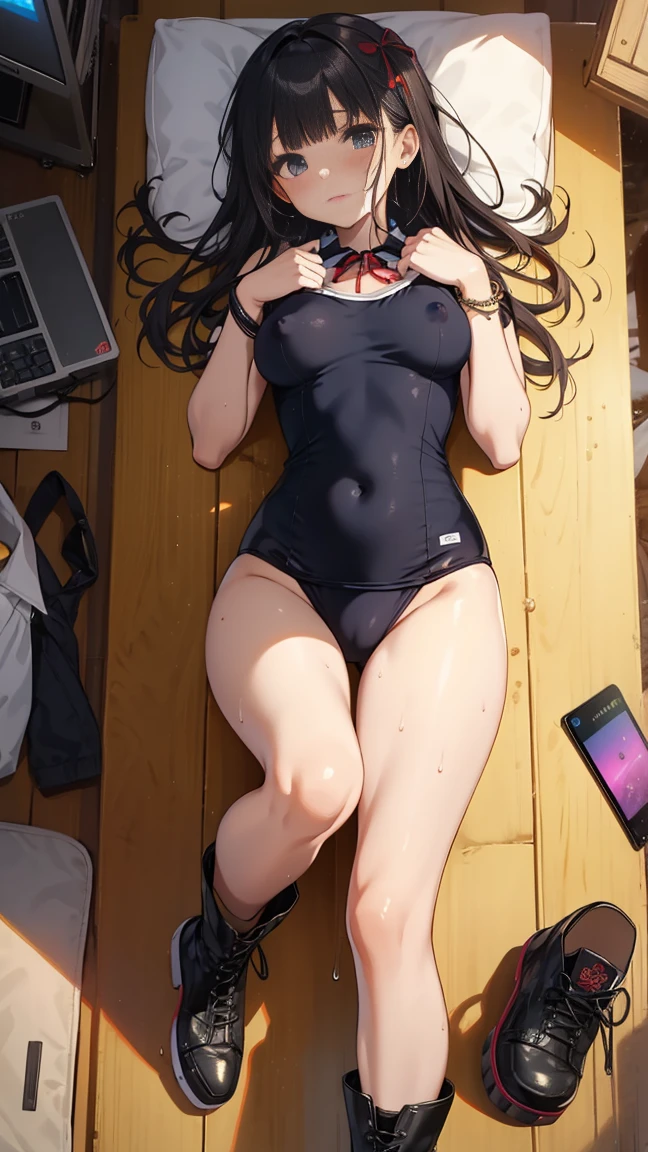 (Highest quality), (masterpiece), 1080p, High resolution, 4K, 8k, ((school swimsuit)), Pass through the chest, Constraints具, Lying on your back, Leg spread, Open up, Lift your legs, Have legs, foot Lift, Shot from directly above, Sweat, ((side)), sideを見せる, Constraints, ((Nipples)), Nipples, Mid-chest, whole body, Embarrassed face, Long Black Hair, Blunt bangs, bracelet, Leather shoes, Platform boots, Karaoke Box, Ribbon on neck