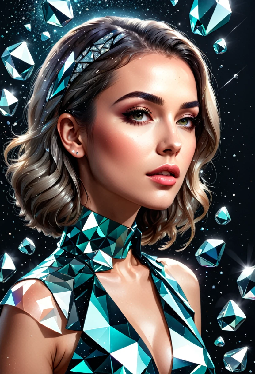 3d photo+highlight, glass polygonal pebbles composition, glitter woman's fashion portrait, rgb silver gloss, photo