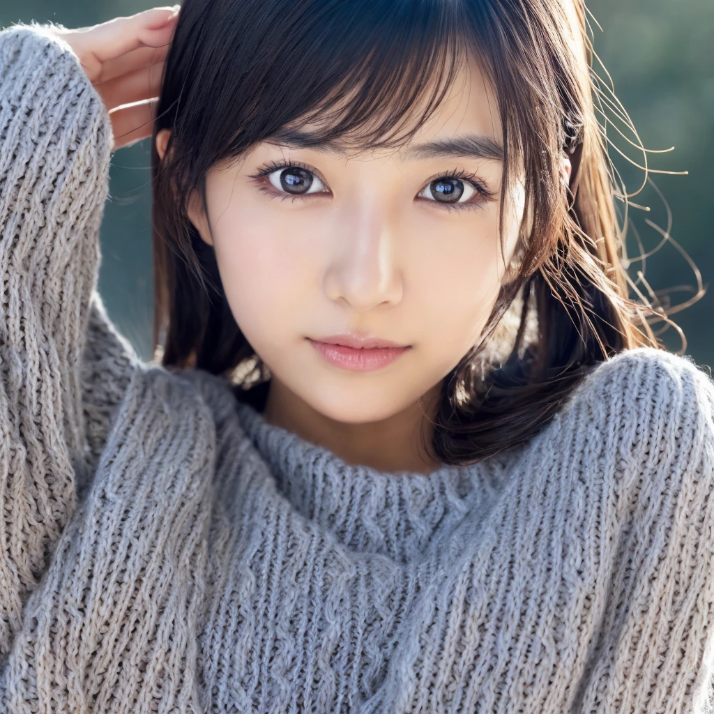 Japanese women, Small breasts, Beautiful Face, Beautiful Eyes, Natural Makeup, Black Hair, Knitted sweater, winter, One Girl, alone, Detailed face and eyes, Detailed fingers and arms. Upper body photo. Realistic, Realistic.