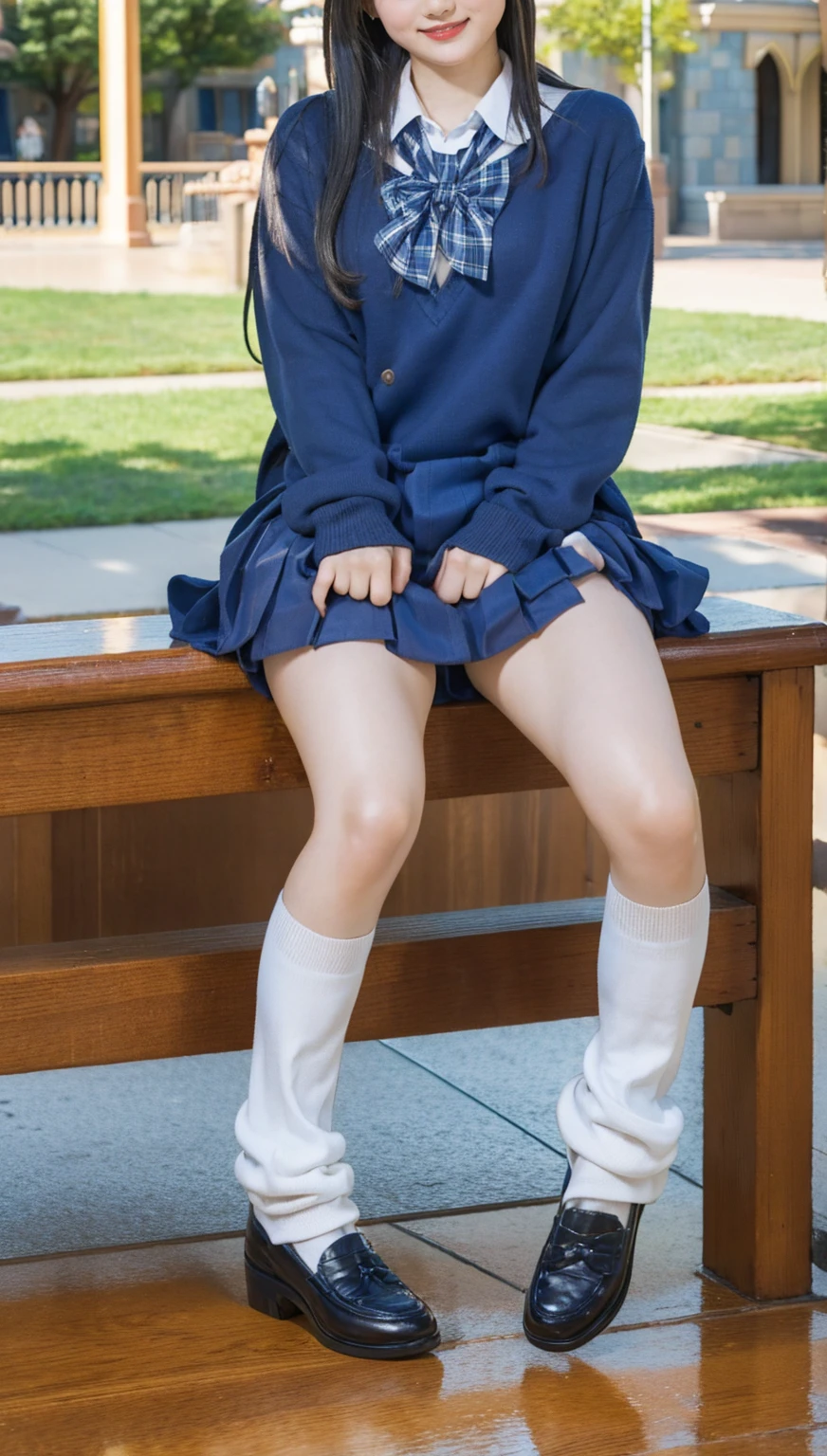 (photorealistic:1.4), best quality, masterpiece, raw 32k photo, (extremely detailed japanese beautiful girl), (extremely detailed eyes:1.2), (cute face:1.2), ultra-detailed, ultra high res, amazing, BREAK,
(school uniform:1.5), smile, (full body:1.2), detailed school girl, (disneyland:1.3), beautiful detailed girl, bangs, cute face, miniskirt,loafers, perfect legs, perfect hands