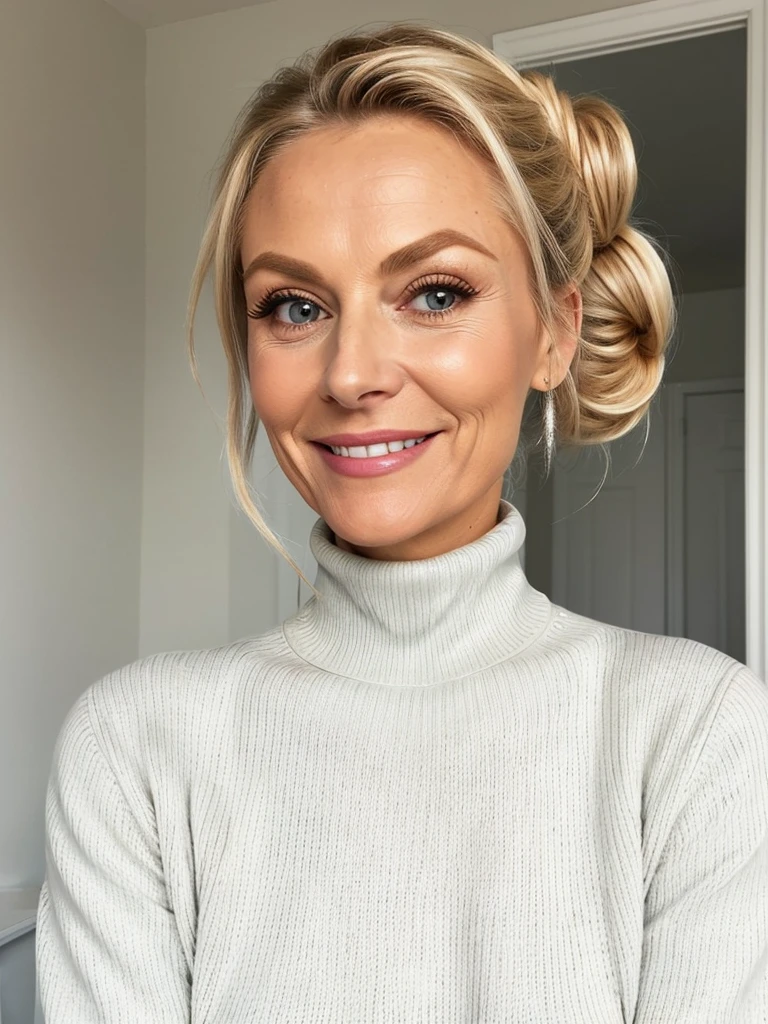 photo of a skinny very old wrinkly-faced faced mature blonde prostitute with fake eyelashes and plump-enhanced lips, messy long hair thrown into a messy bun ponytail. She wears: (turtleneck soft high ribbed pure white super tight sweater:1.1), submissive seductive pose, high tight ribbed neck, seductive smile, perfect fake tits