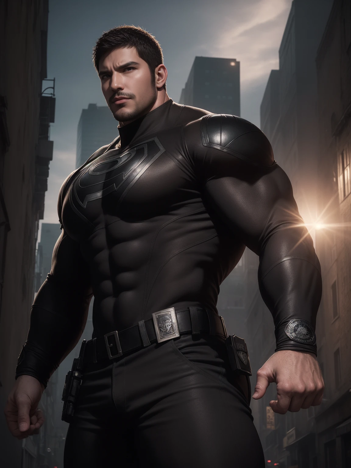 Angry super muscular man, short hair,On a vintage outdoor street under the hot sun, Wear long sleeve dark brown superhero black panther tights, Dark brown texture,The expression is arrogant, Thick thighs, Messy hair, Thick thighs, Turtleneck Long Sleeve Dark Brown Superhero Bodysuit, very tight, Regular symmetrical pattern, High targetlight muscles, Police uniform pants, character concept(Resident Evil - Chris Redfield, Chris Redfield)A proud expression, Deep and charming eyes, Heroic male pose, tall Burly, muscular!muscular thighs, Tough Guy, Perfect facial features, High target, Burly, Heqiang, Super exquisite and cool, High target Resolution Committee, Charming, The sun is blazing, Dazzling