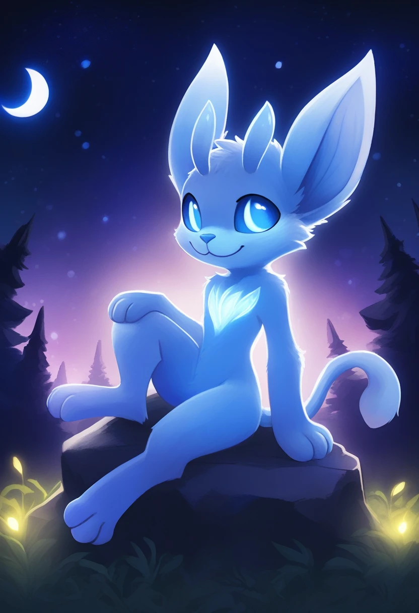 ori and the blind forest, or, Hairy boy, Dark blue sclera, Caucasian students, White body hair, Big animal ears, Blue nose, :3, Delicate body hair, Delicate face, Delicate eyes, whole body, Three-toed foot, 3 toes, Night Sky, forest, Sitting on the rocks, site, illuminator, Solitary,,