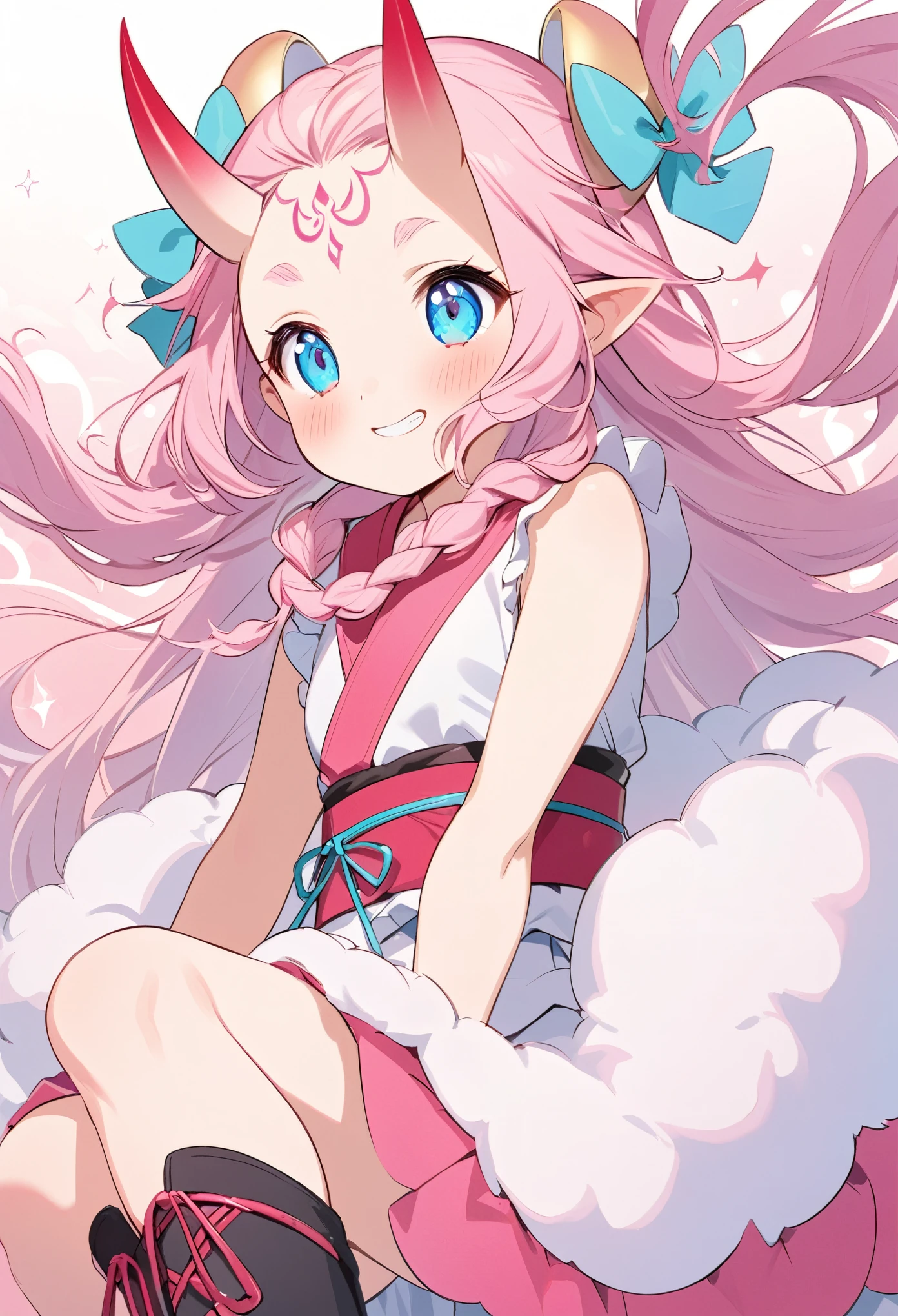 A close-up, frontal view of a cute and adorable pink oni girl, her youthful features framed by her distinctive, sharp horns. Her large, blue expressive eyes are drawn in a playful, slightly surprised shape, and they sparkle with mischief. Her smooth, rosy cheeks are accentuated by a pair of delicate pink blushes, emphasizing her innocence and girlish charm. Her long, flowing hair cascades down over her shoulders in a gentle wave, each strand painted a vibrant shade of hot pink. Her lips are painted a soft, coral shade, inviting you to take a closer look at her playful grin. She wears a traditional oni garb, consisting of a sleeveless top that accentuates her toned physique and a short, fluffy skirt that flutters around her knees as she moves. She has two, pink oni horns curving from her forehead. Around her neck, she wears a bright red obi sash, tied in a playful bow, and a pair of black, lace-up boots complete her look. The background is a soft, dreamy shade of pastel pink, adding to the overall kawaii atmosphere of the image.