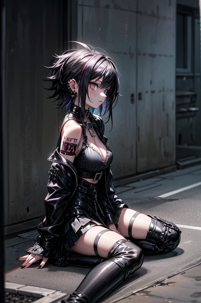 in backstreet, 1girl, from side, sitting on ground, (punk fashion:1.2), black messy hair, gothic makeup, many ear piercings, large breasts, black leather short skirt, many red medicine tablet on ground,