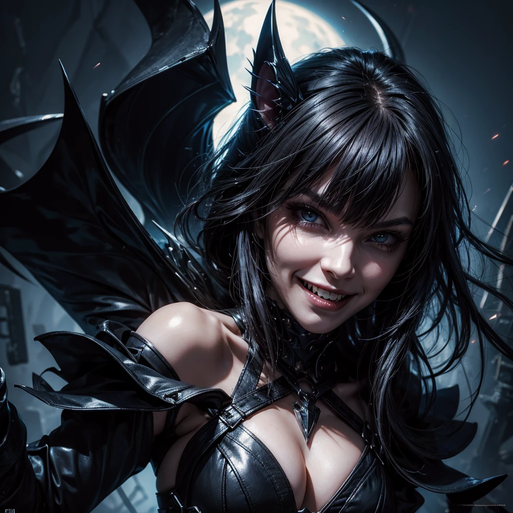 dark cyber vampire baring her pointed fangs with a disturbing smile towards the camera