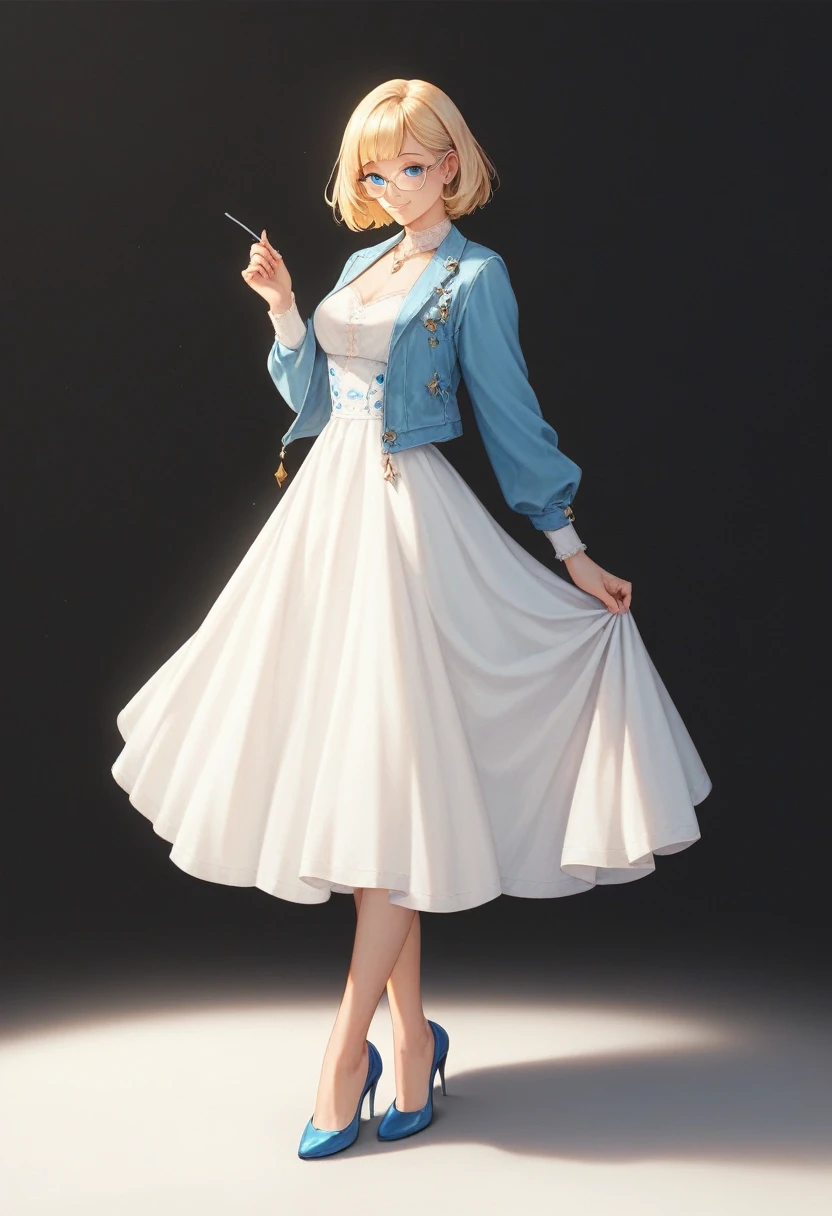 divine beautiful girl, beautiful face, solo, full body, standing, medium bob cut blonde hair, light blue eyes, two points glasses, medium breasts, blue opened short jacket, white blouse, white long pleats skirt, blue high heels, soft smile, pinch one's glasses, perfect hands and perfect fingers, black background, no background, pastel 2d art, matte painting