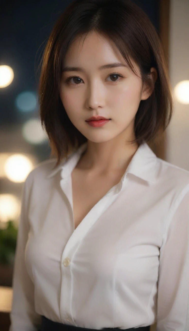 A close-up of a beautiful Korean woman, 29 inch breast size, wearing a long-sleeved shirt, skirt, elegant expression, Looking straight ahead at the camera, Leave a cup of coffee indoors at home, bokeh background, night, short hair front view, UHD