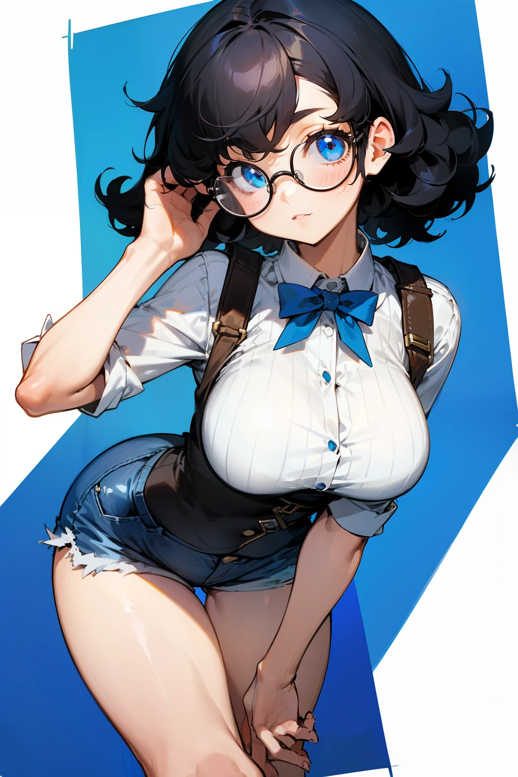 Cute girl, short curly black hair, round glasses, blue eyes, big breasts, short shorts