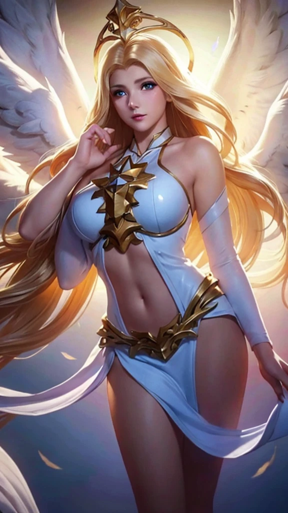 1girl, angel, angel wings, big breasts and exposed breasts, bare shoulders, blonde hair, dress, feathered wings, halo, jewelry, long hair, big breasts, white wings, wings, a beautiful woman with angel wings, Epsylon Point, league of legends splash art, a detailed painting, fantasy art, (masterpiece, best quality:1.5), open belly, standing and 2 hands drop down