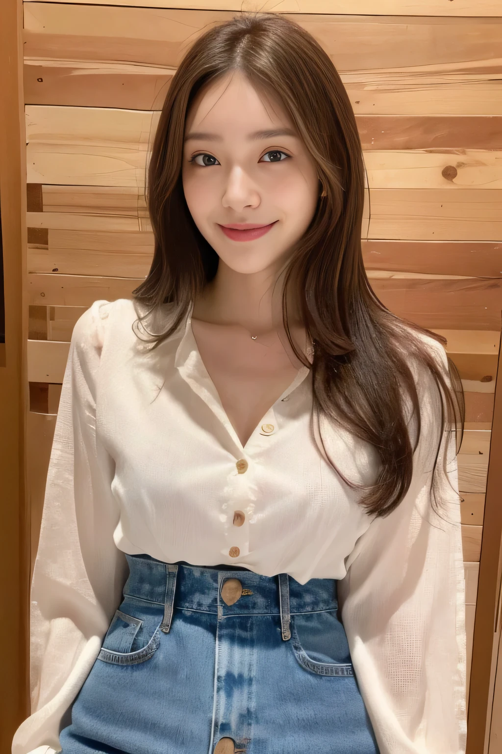 seed:2020674263.((Full body angle:1.1)).((Highest quality, 8K, masterpiece:1.3)), ((from below:1.1)).concentrated:1.2, Perfect body beauty:1.4, Hips:1.2, ((Delicate Hair)), (Colorful button-through crop shirt :1.1) , ((Highest quality、8k、masterpiece:1.3))、1 Girl、A sloppy smile、Esbian all over、Slim face、Big 、Beautiful woman、(Dark Brown Hair)、Long Hair、1.1、Flickering Valley、Detailed eyes、double eyelid、Blurred Background、超Slim face、Smile、Looking down、stroll、