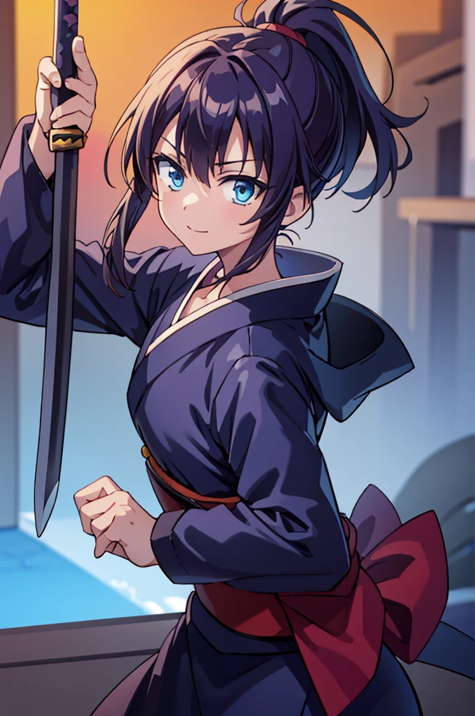 Highest quality, masterpiece, High resolution, alone, (Rurouni Kenshin: Saito Hajime),(ponytail_Hairstyle),smile,(Dentitions),Killer,kimono,Japanese sword,(Jinhaori),Evening sky_background,Young Girl,Anime Style, Highest quality, 4k, masterpiece,, alone, 1,whole body,looking at the camera, Shinkai Makoto style, (dark blue_coat)Sharp Eyes,Low posture,Thrust/Sword,(Full Finger), (Accurate fingertips), (The finer details), (Anatomically correct), (映画のbackground), Hyper Detail, (Subtle details), (Intricate details),