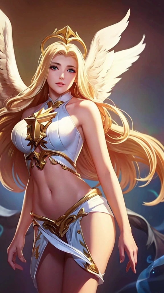 1girl, angel, angel wings, big breasts and exposed breasts, bare shoulders, blonde hair, dress, feathered wings, halo, jewelry, long hair, big breasts, white wings, wings, a beautiful woman with angel wings, Epsylon Point, league of legends splash art, a detailed painting, fantasy art, (masterpiece, best quality:1.5), open belly, standing and 2 hands drop down